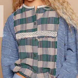 POL Blue and Green Patchwork Blouse